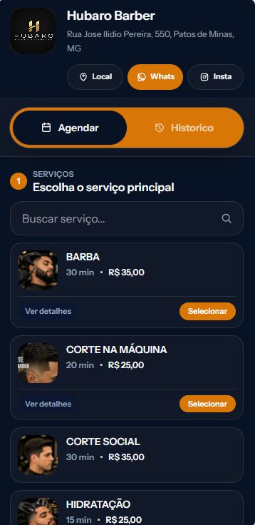 Tela real do link público de agendamento do HUBARO